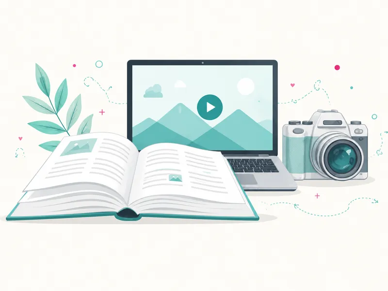 Libro abierto, laptop mostrando un video y una cámara fotográfica en estilo ilustración minimalista sobre fondo claro.