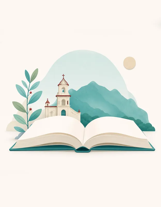 Libro abierto sobre fondo con iglesia colonial estilo arquitectura chiapaneca, montañas estilizadas y una rama de planta.