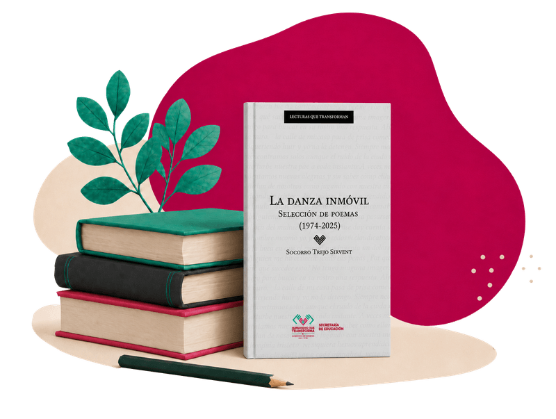 Libro vertical La Danza Inmóvil junto a una pila de tres libros, una planta verde y un lápiz.