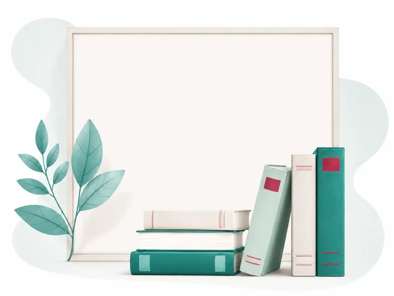 Marco rectangular con libros apilados en tonos verdes y blancos junto a ramas decorativas sobre fondo claro.