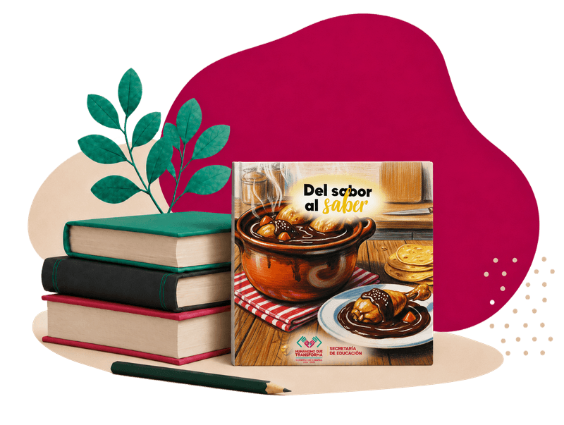 Portada del libro Del sabor al saber apoyada sobre una pila de libros junto a una planta decorativa