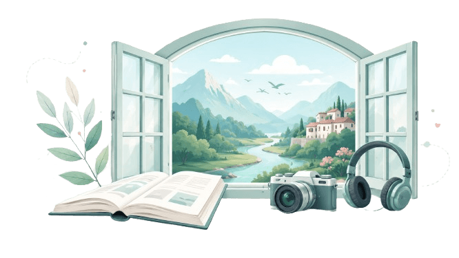 Ilustración con libro, cámara y audífonos frente a ventana abierta con paisaje montañoso y un río.
